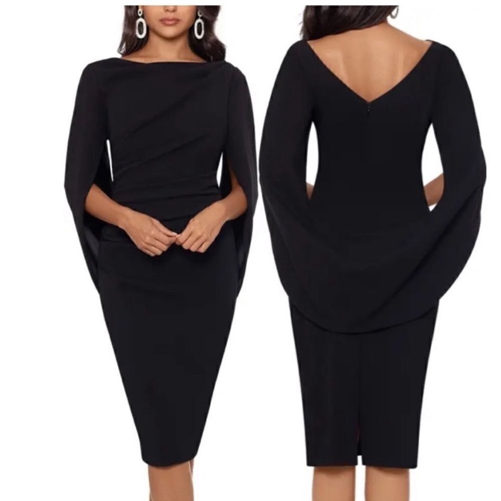 NWT Betsey & Adam Cape Sleeve Crepe Sheath Dress in Black size 14
